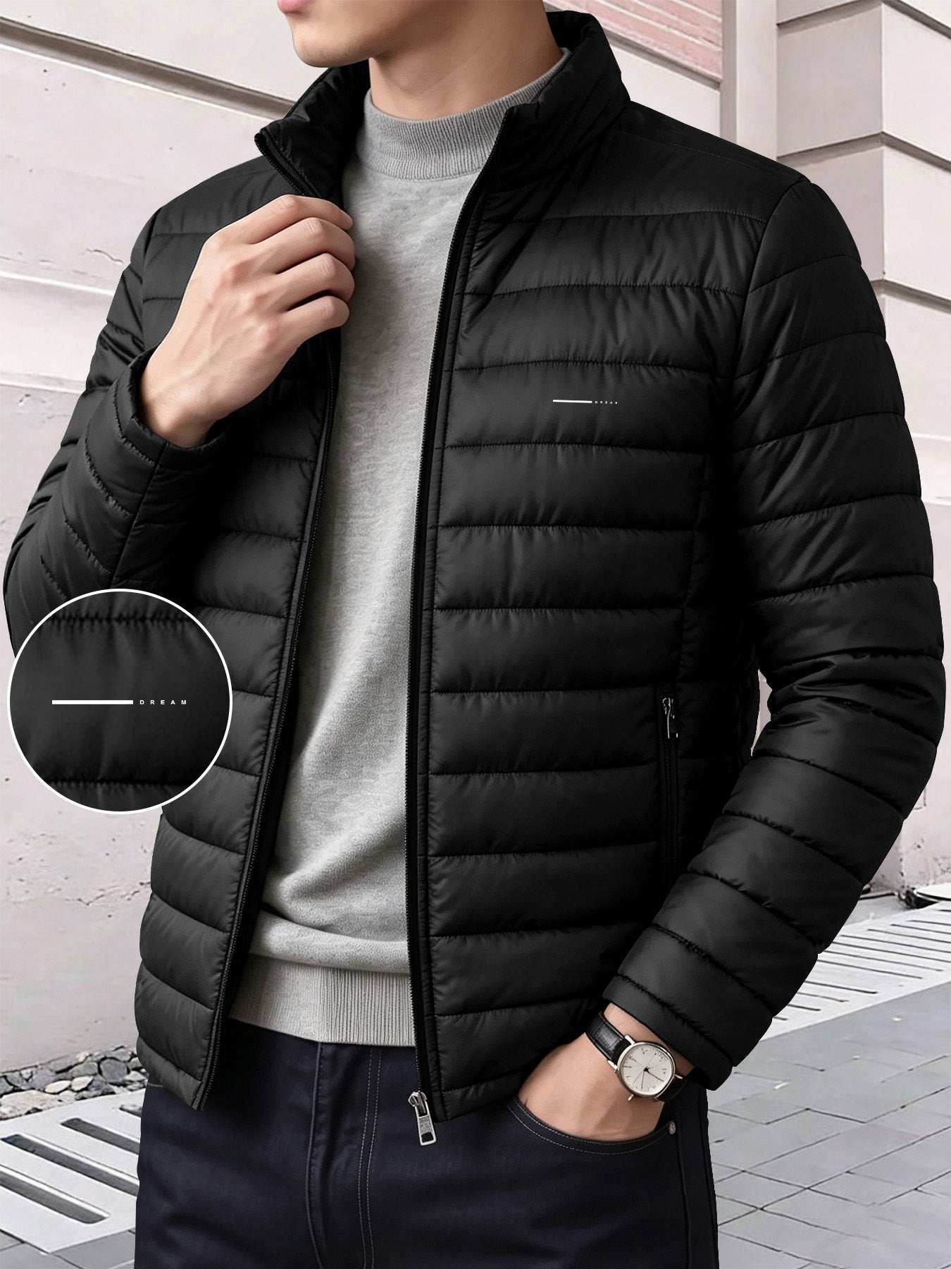 Men's Stand Collar Padded Coat with Zipper Pockets for Fall-Winter