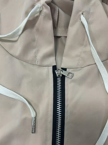 Women's Beige Full-Zip Hooded Jacket - Lightweight Full-Zip Outerwear, Full-Length Zipper Closure, Structured Fit Casual Coat for Fall/Spring, Everyday & Formal Events - Beige Trench Jacket, Zip Up Jacket Women, Jackets for W