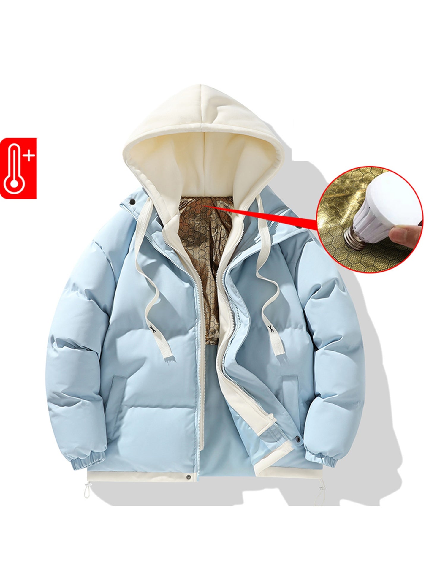 Women'S Light Blue Hooded Puffer Jacket - Cozy Fleece-Lined Winter Coat with Drawstring Hood, Casual Style for Cold Weather, Winter Coat