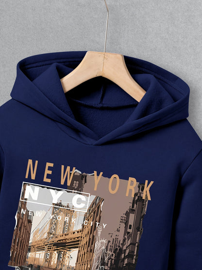 Boys' Fashionable Hooded Fleece-Lined Warm Long-Sleeve Sweatshirt with Scenic Print + Straight-Leg Comfortable Loose Pants Winter Outing Two-Piece Set, Perfect for Outdoor