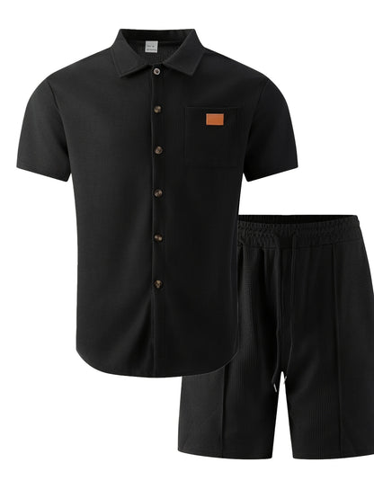 Men's 3-Piece Casual Waffle Knit Summer Set with Shirt & Shorts