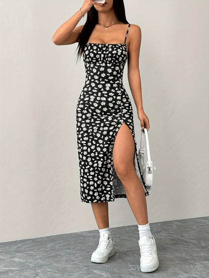 Women's Elegant Floral Midi Bodycon Dress with Side Slit