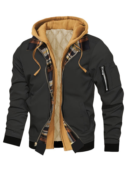 Men'S Warm Fleece-Lined Hooded Jacket with Plaid Details - Casual Winter Coat for Outdoor Activities, Zip-Up, Regular Fit, Polyester Lined, Functional Pockets, Windproof & Warm, Functional Winter Jacket | Stylish Men'S Jacket