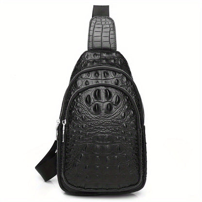 SCHLATUM Genuine Leather Crocodile Pattern Sling Bag - Black, Large-Capacity Multifunctional Crossbody Backpack for Travel, Sports  Camping, Stylish Zipper Closure Design