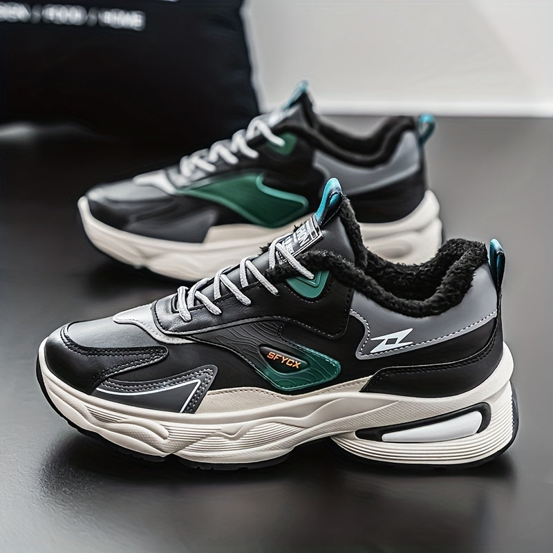 Men's Winter Sneakers with Plush Collar - Beige/Grey/Green PU Upper, Thick Rubber Sole & Traction Tread - Low-Top Lace-Up Warm Shoes for Cold Weather, Casual & Sports (White Accent)