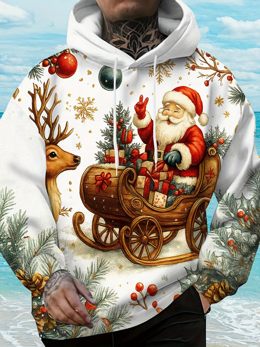 Men'S Plus Size 3D High-Definition Christmas Hooded Sweatshirt - Santa Claus & Reindeer Print, Loose Fit Winter Warmth, All-Season Casual Pullover with Pockets, Christmas Sweatshirt, Festive Clothing, Holiday Apparel, Holiday