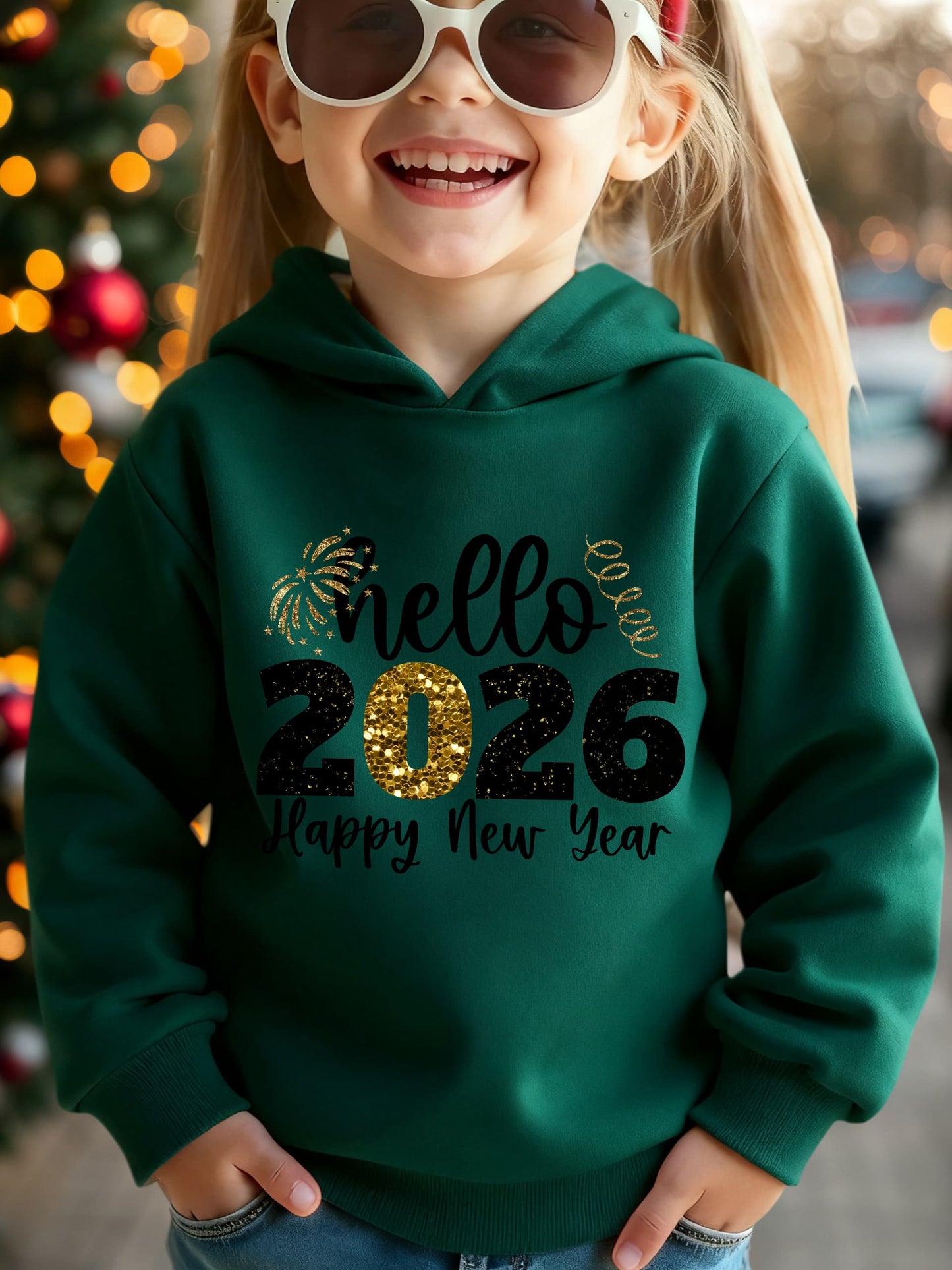 Girls' 2026 New Year'S Hooded Sweatshirt - Hello 2026 Happy New Year Lettering, Mint Green with Golden Glitter Accent, Cozy Fleece Pullover for Christmas & New Year, Winter Casual Wear, Christmas Sweatshirt, Festive Clothing,