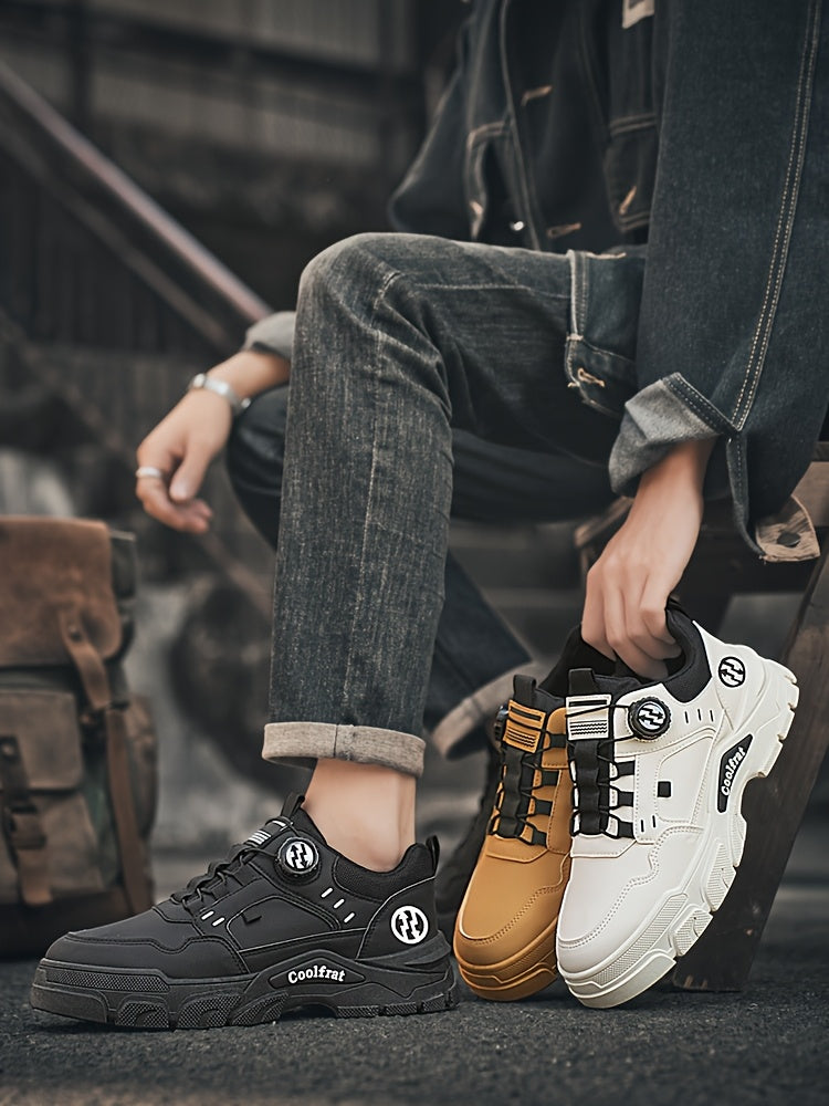 Men's Solid Color Skate Sneakers - Adjustable Rotating Buckle Straps, Slip-Resistant PVC Sole  Durable PU Upper, Low-Top Lace-Up Design for Hiking, Walking, Daily Wear - All-Season Casual Streetwear Shoes, Skate Shoes