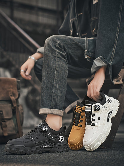 Men's Solid Color Skate Sneakers - Adjustable Rotating Buckle Straps, Slip-Resistant PVC Sole  Durable PU Upper, Low-Top Lace-Up Design for Hiking, Walking, Daily Wear - All-Season Casual Streetwear Shoes, Skate Shoes