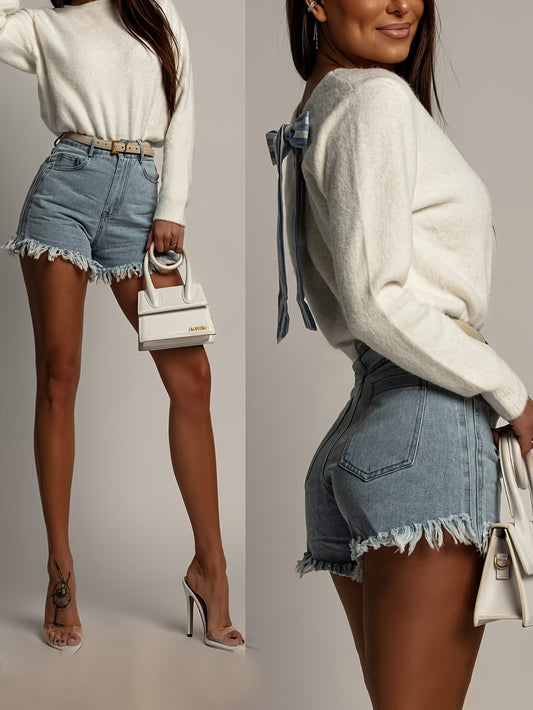 Women’s High-Waist Skinny Denim Shorts with Raw Hem for Summer