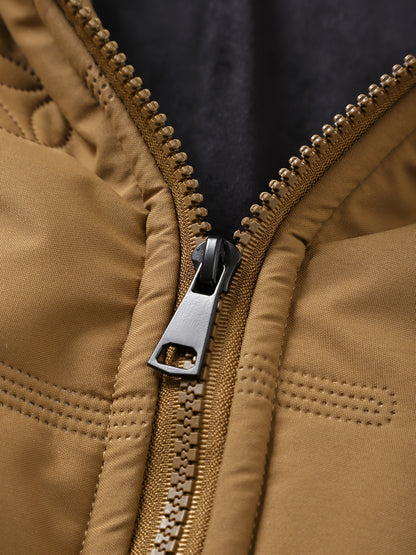 Men's Retro Winter Jacket with Detachable - Stand Collar Coat, Machine Washable Tan/Brown Outer & Black Inner, Golden-Tone Zipper Closure for Cold Weather (No-Stretch Fabric) - Casual & Formal Outerwear, Winter Clothes For Me