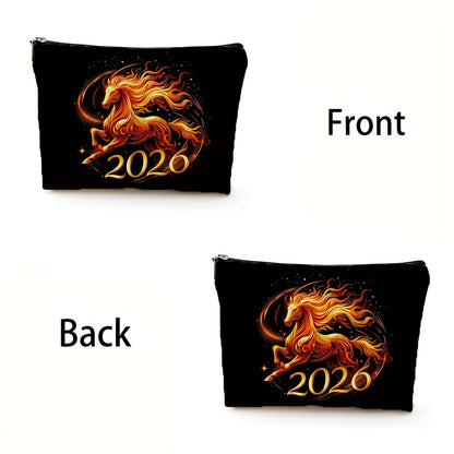 2026 Year of the Horse Chinese New Year Makeup Bag - Large Capacity Golden Horse & Red/Golden Auspicious Patterns Case, Durable Zipper Closure, Beige Gift for /, /Guys, Lunar New Year or Horse Lover Present