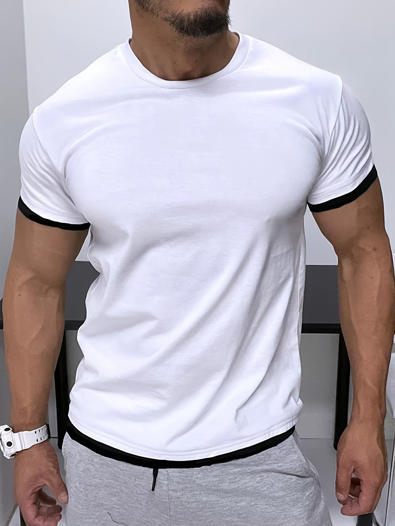 Men's Classic Summer Casual Short Sleeve T-Shirt - Black with White Trim, Round Neck, Stretch Fabric, Comfortable  Stylish for Casual Attire, Twiceiquest Fashion   Faux Twopiece   Smooth Texture