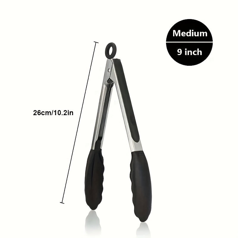 Sturdy Kitchen Tongs Made of Stainless Steel with Silicone Ends - Resistant to Heat, Equipped with a Locking Feature for a Secure Grip, Offered in Lengths of 17.78 cm, 22.86 cm, And 30.48 cm, in Black.
