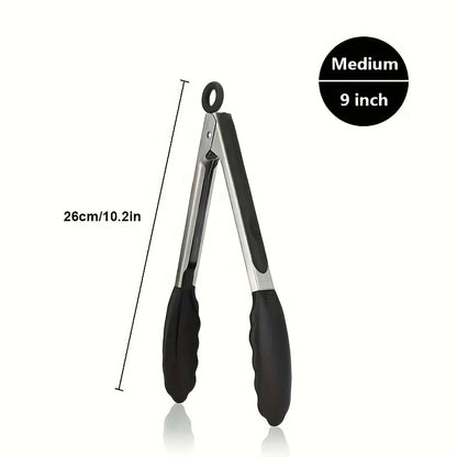 Sturdy Kitchen Tongs Made of Stainless Steel with Silicone Ends - Resistant to Heat, Equipped with a Locking Feature for a Secure Grip, Offered in Lengths of 17.78 cm, 22.86 cm, And 30.48 cm, in Black.