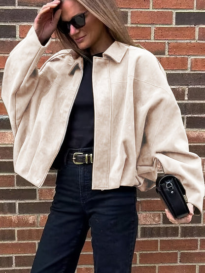 Women'S Vintage Bomber Jacket - Loose Fit Long Sleeve Zip-Up with Drop Shoulder Design, Brown Casual Outerwear for Fall/Winter, Non-Stretch Fabric, Perfect for Casual Attire, Autumn Winter Jacket | Vintage Bomber Style | Zipp