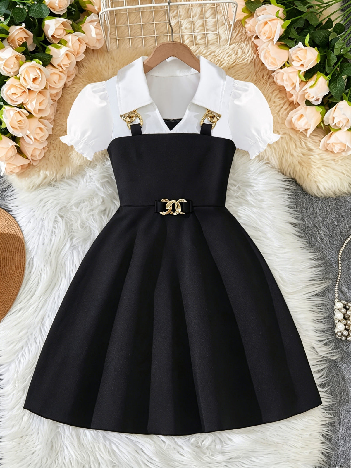 Girls' Casual Short-Sleeve Dress with Golden Chain Accent