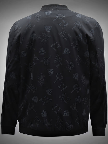 Men's Fashion Bomber Jacket Spring/Fall Collection, Casual Alphabet Print Polyester Jacket with Zipper, Baseball Collar, Long Sleeve, Regular Fit, Non-Stretch Woven Fabric, Casual Outfit with Pocket
