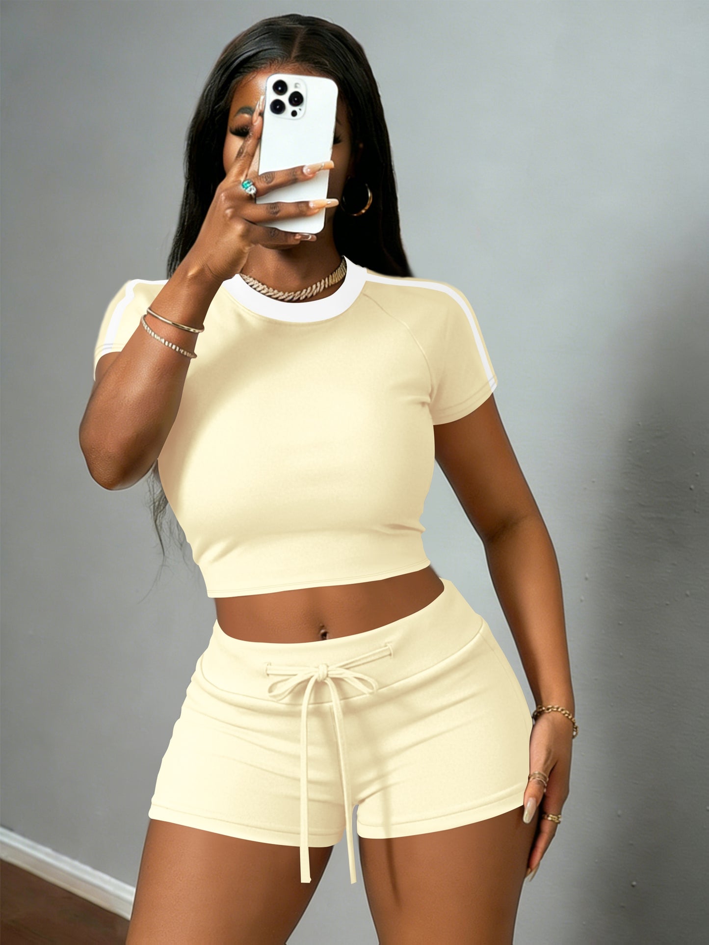 Women's Casual Crop T-Shirt & High-Waist Drawstring Shorts Set