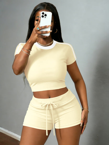 Women's Casual Crop T-Shirt & High-Waist Drawstring Shorts Set