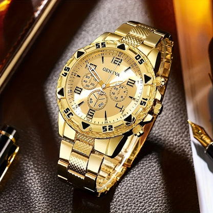 A Set of 4 Elegant Men'S Business Stainless Steel Quartz Watches, Featuring Stainless Steel Straps, Analog Display, And Accompanied by a Bracelet, Ring, And Necklace, Making It The Perfect Gift for Valentine'S Day, Easter, An