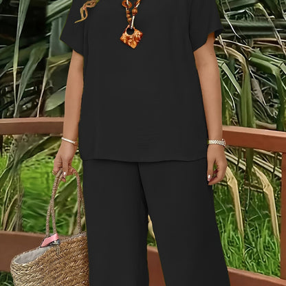 Women's Plus Size Suit, Elegant Solid Color Short Sleeve Top and Wide Leg Pants