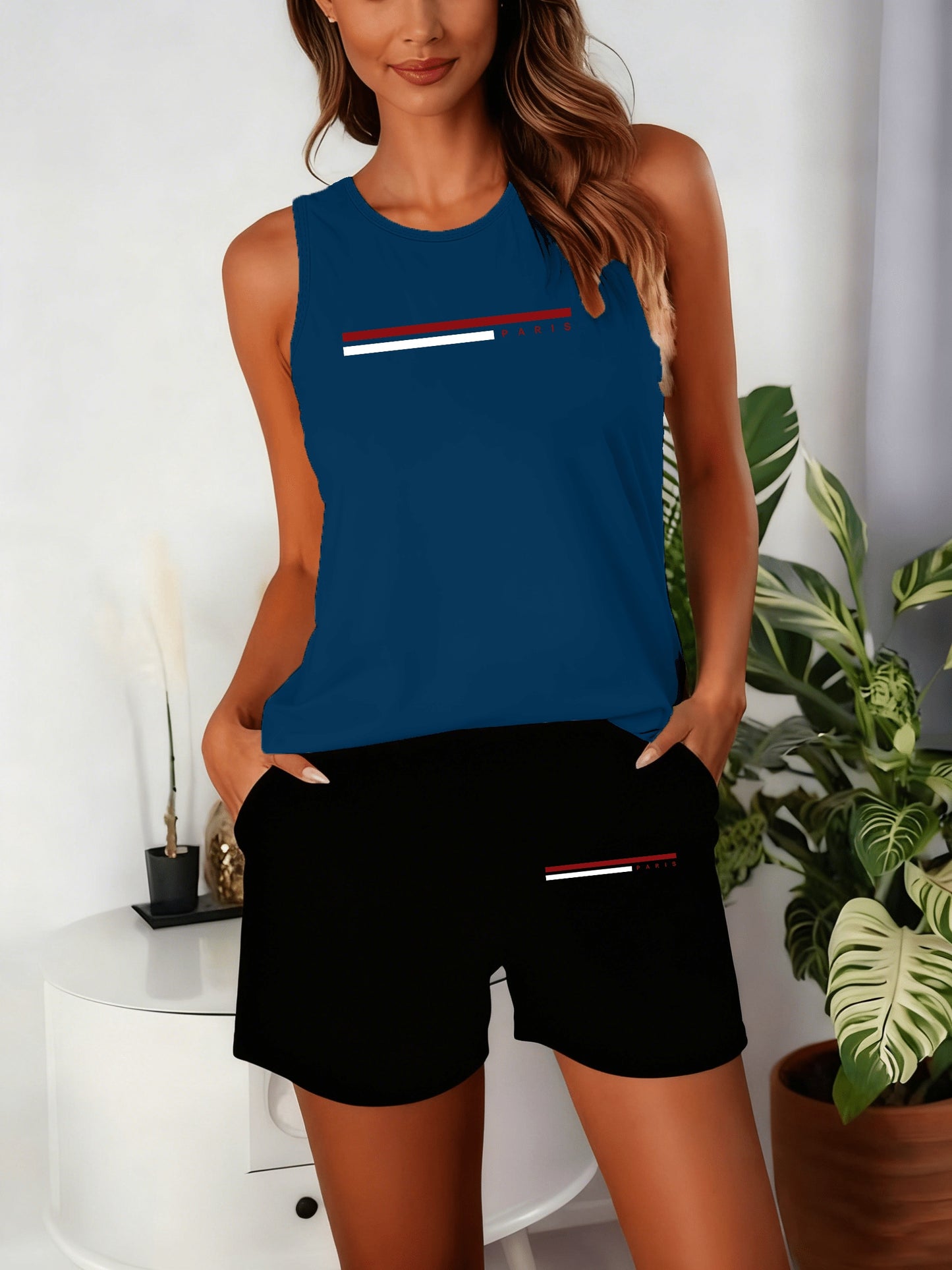 Women’s Geometric Round Neck Tank Top and Shorts Set