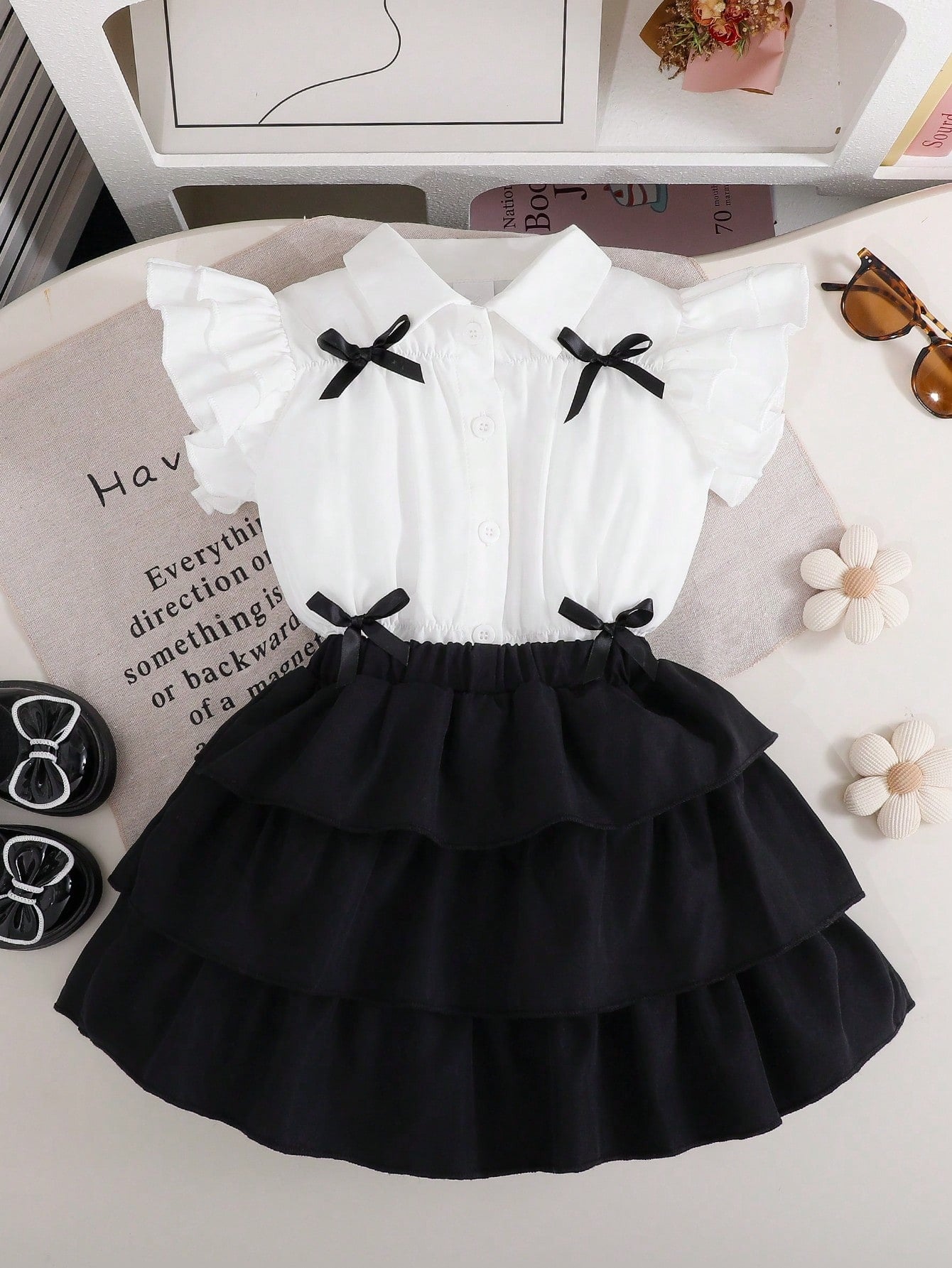 Girls' Summer Preppy Outfit with Bow Shirt & Layered Skirt