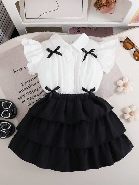 Girls' Summer Preppy Outfit with Bow Shirt & Layered Skirt