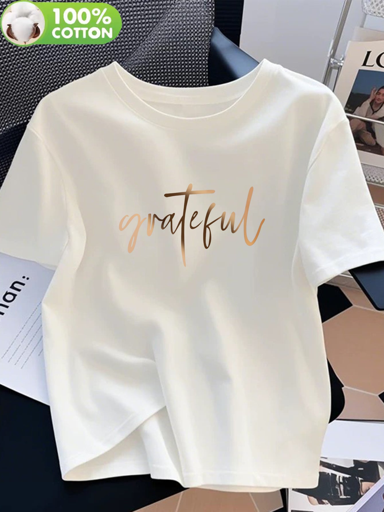 Women's 100% Cotton Casual T-Shirt with 'Grateful' Print