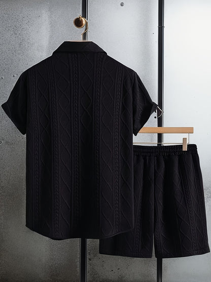 Men's Set Shirt Short Sleeve Shorts Thick Solid Color Knit Jacquard Casual Comfort High-Quality Two-Piece Set