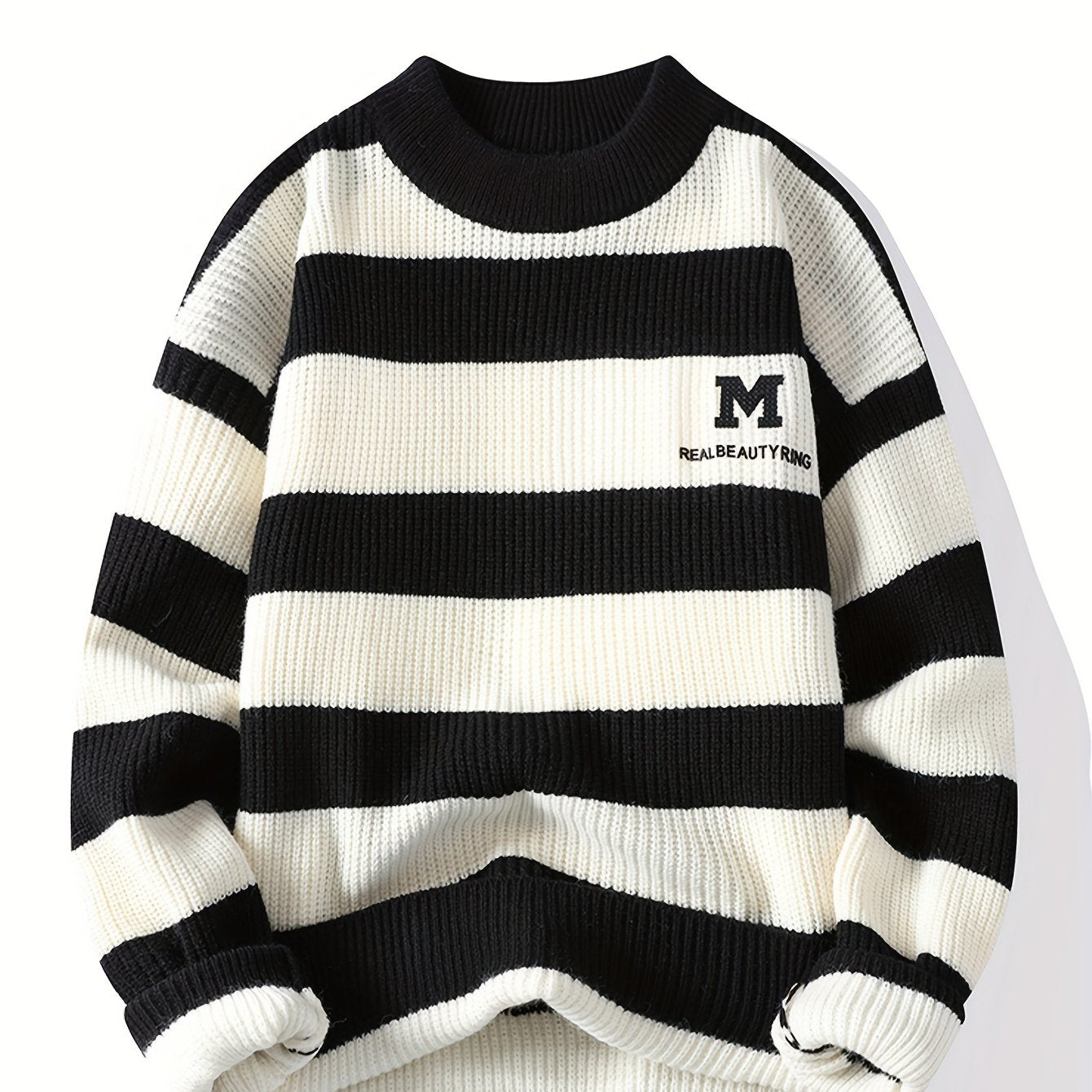 Men's 2025 Autumn/Winter Striped Sweater for Youth with Color Block Round Neck Casual Warm Knitwear