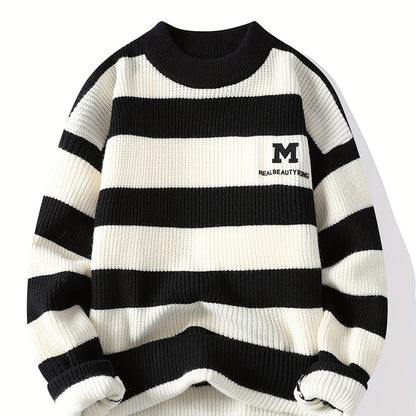 Men's 2025 Autumn/Winter Striped Sweater for Youth with Color Block Round Neck Casual Warm Knitwear