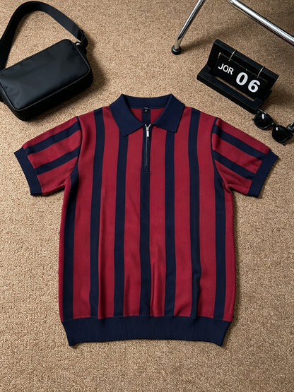 Men's Slim Fit Vertical Stripe Knit Polo with Half-Zip Collar