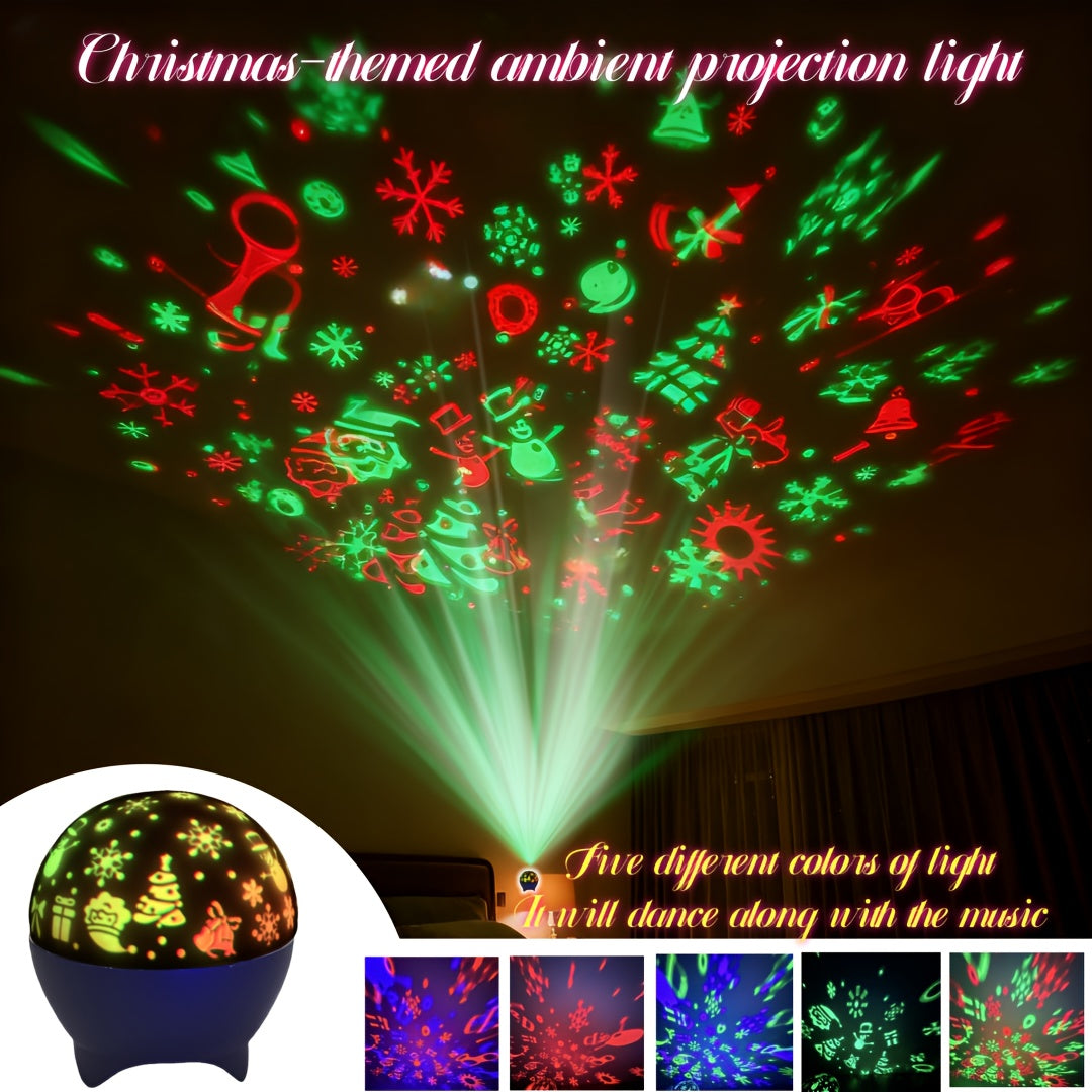 2-in-1 USB-Powered Night Light with RGB Sound Sensor & Dimmable Music Beats - USB-Powered Projection & Ambient Lighting, 5-Color RGB Night Light with Snowflake Effect