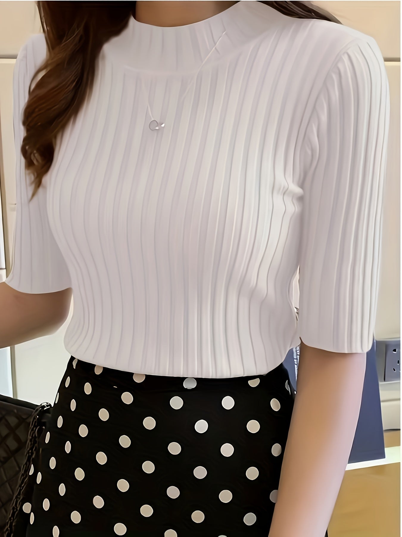Women's Elegant Solid Color Ribbed Pullover Top - Short Sleeve Regular Fit Machine-Washable All-Season Versatile Blouse for Casual & Formal Wear