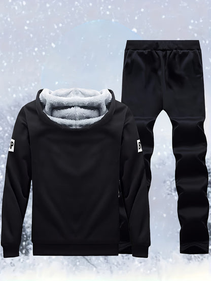Men's "SHAN YES" Alphabet Print Fuzzy Lining Hooded Sweatshirt And Joggers Set, Warm Athletic Outfit For Running And Outdoor Fitness, Autumn And Winter
