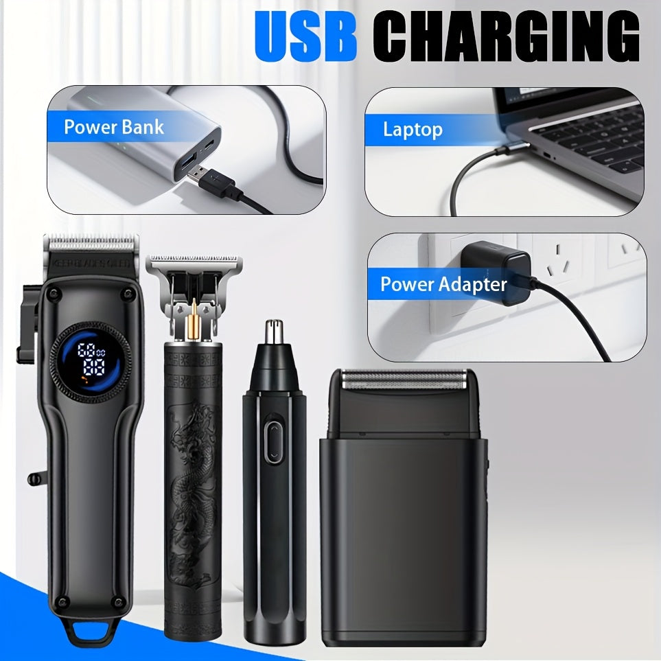 1-Piece/4-Piece Hair & Beauty Set – Rechargeable Electric Hair Clipper, Beard Trimmer, Nose Hair Trimmer, Shaver, Adjustable Length, Ideal for Men's Home Haircuts, Travel, Styling, and Beard Grooming, Perfect Gift for Men