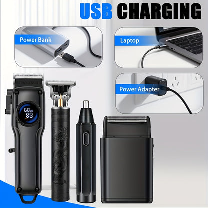 1-Piece/4-Piece Hair & Beauty Set – Rechargeable Electric Hair Clipper, Beard Trimmer, Nose Hair Trimmer, Shaver, Adjustable Length, Ideal for Men's Home Haircuts, Travel, Styling, and Beard Grooming, Perfect Gift for Men