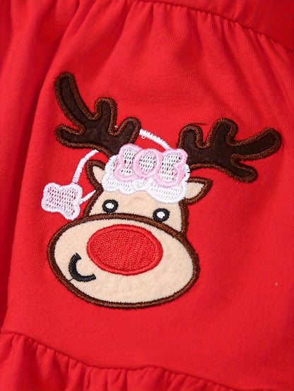 2pcs Elk Embroidered Long Sleeve Dresses + Christmas Hat Gift Box Random Full Print Side Pants Set Cute Party Outfit for Girls, for Outdoor