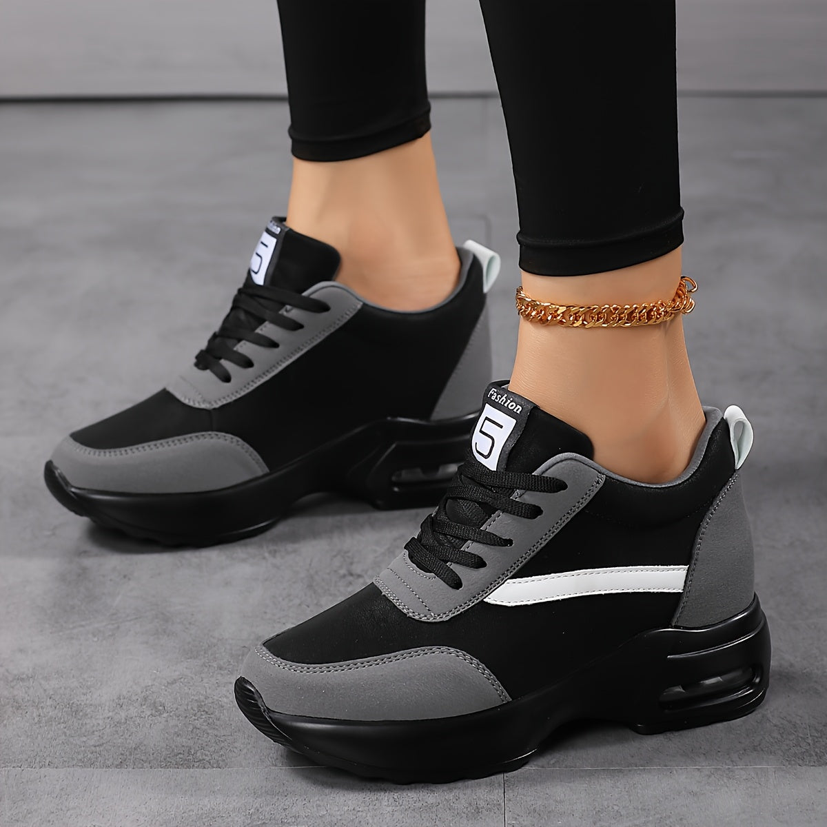 Women's Chunky Platform Casual Sneakers with Thick Cushioned Sole, Breathable Fabric Lining  Synthetic Cover Upper - Black  Grey Lace-Up Shoes for All-Season Comfort