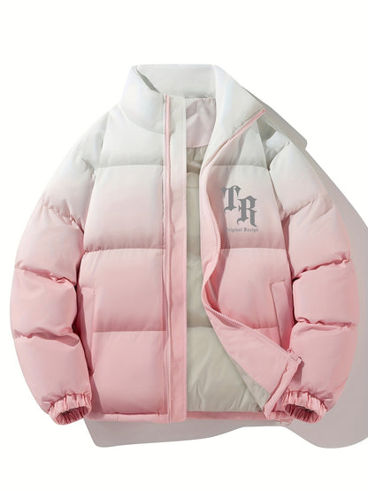 1pc Men'S Street Style Stand Collar Coat, Alphabet Print, Regular Fit, Drawstring Detail, Non-Stretch Woven Polyester, 100% Polyester Filler, Long Sleeve Casual Warm Gradient Jacket for Autumn and Winter