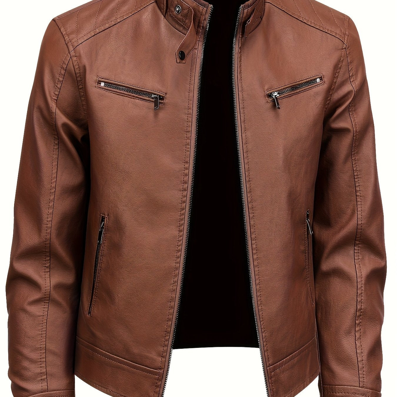 Men's Stylish Burgundy Jacket - Fall/Winter Trendy Stand Collar Biker Jacket with Multiple Zippered Pockets, Casual Design for Casual Attire, Fall Jacket | Modern Casual Jacket | Glossy Finish Jacket