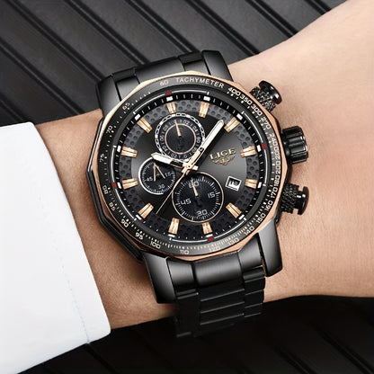 LIGE Watches Fashion Junior Men's Sports Multifunctional Quartz Watch, IP68 Waterproof Watch, Stainless Steel Band, Precision Chronograph, Stopwatch Date Function, Casual Elegant Vintage Style New Watch, Holiday Gifts - ayq