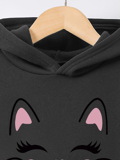 Autumn/Winter Smile Face Kitten Graphic Print Warm Fleece Hooded Sweatshirt And Sports Trousers for Girls, for Outdoor