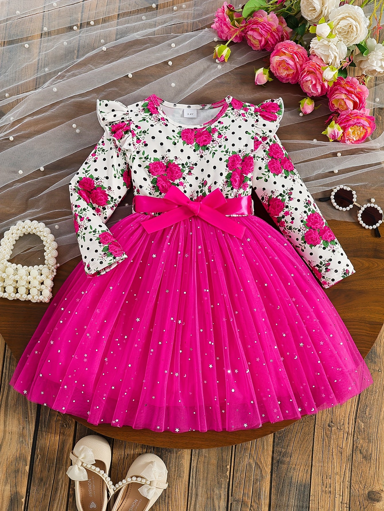 COVIVIKY Girls' Elegant Long Sleeve Party Dress with Puff Skirt & Sheer Panel - Knee-Length A-Line Wedding Prom Dress, Belted Waist Bow & Netting Trim, Hand Washable Winter Formal Gown for Girls (Age 4-12)