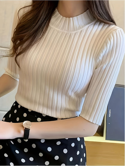 Women's Elegant Solid Color Ribbed Pullover Top - Short Sleeve Regular Fit Machine-Washable All-Season Versatile Blouse for Casual & Formal Wear