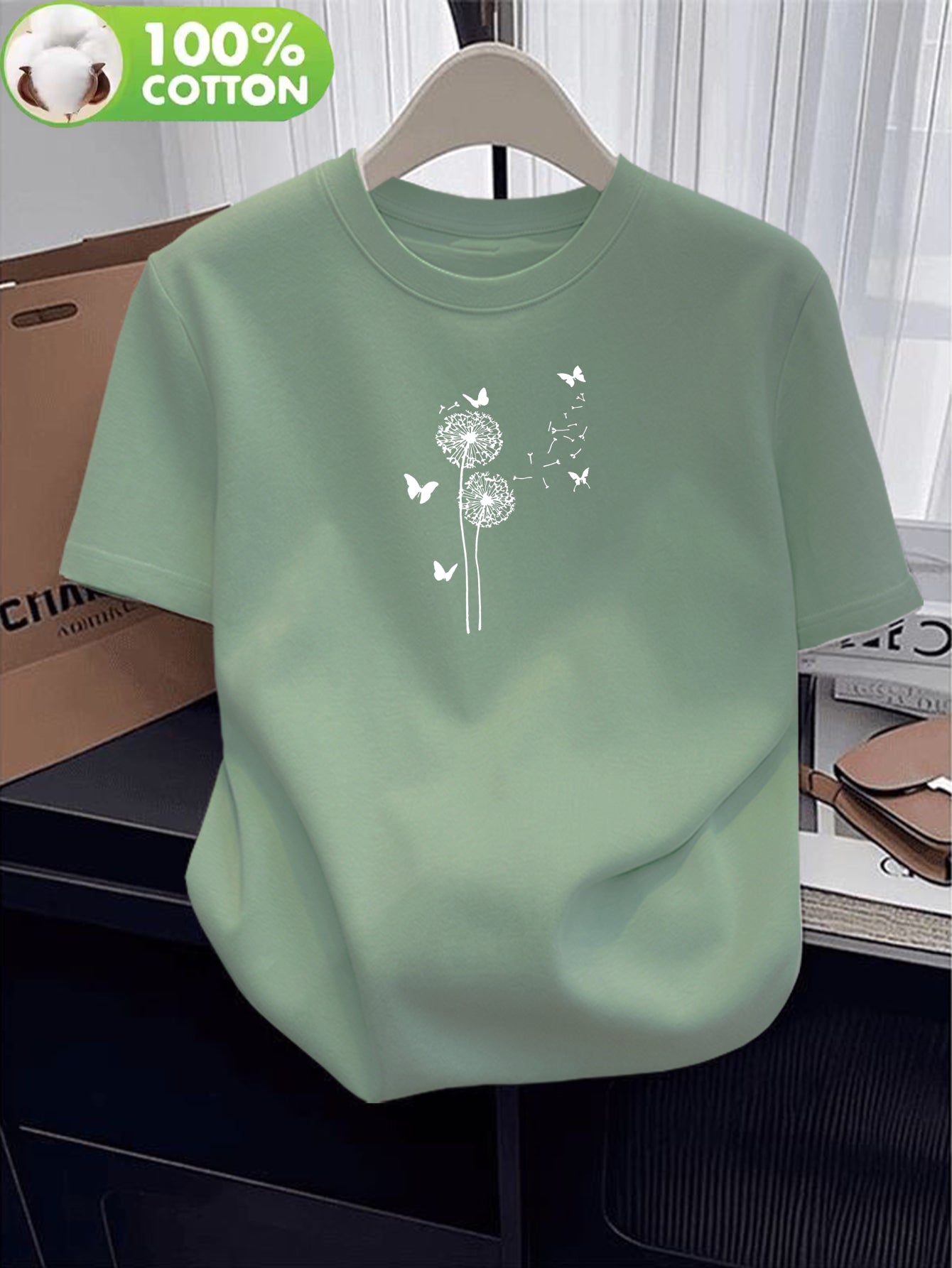 Women’s Cotton Casual T-Shirt with Dandelion & Butterfly Print