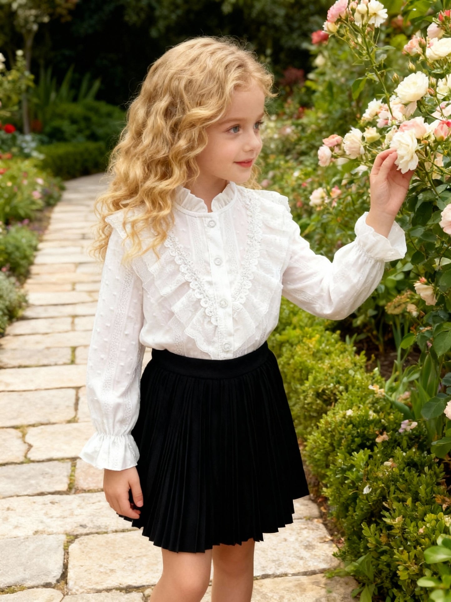 Girls' Cotton Shirt with Lace Trim and Stand Collar, Royal Style