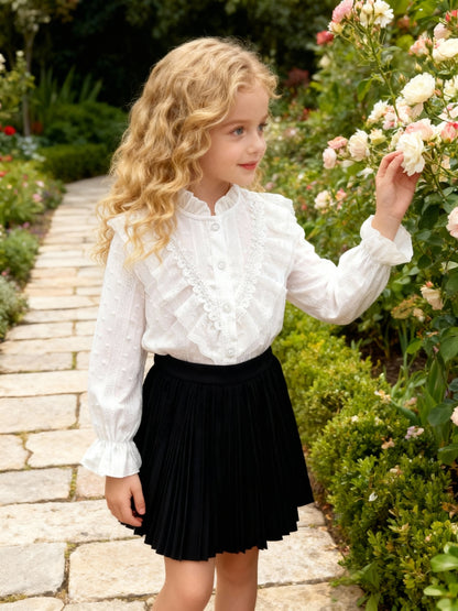 Girls' Cotton Shirt with Lace Trim and Stand Collar, Royal Style